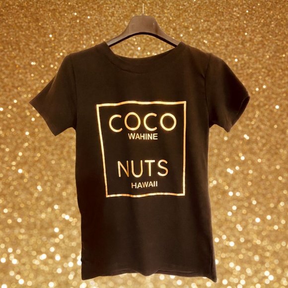 ITALY MODA BLACK COCO NUTS GOLD FOIL T-SHIRT - Picture 2 of 5